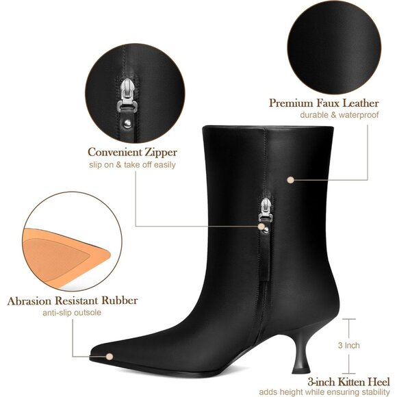 Women Black Kitten Heel Pointed Toe Stiletto Faux Leather Mid Calf Ankle Booties - Picture 3 of 7